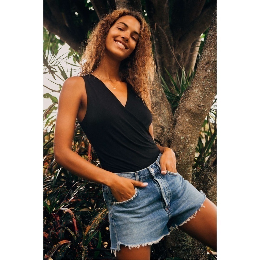 LULU’S Staying Basic Black Faux Wrap Sleeveless Bodysuit